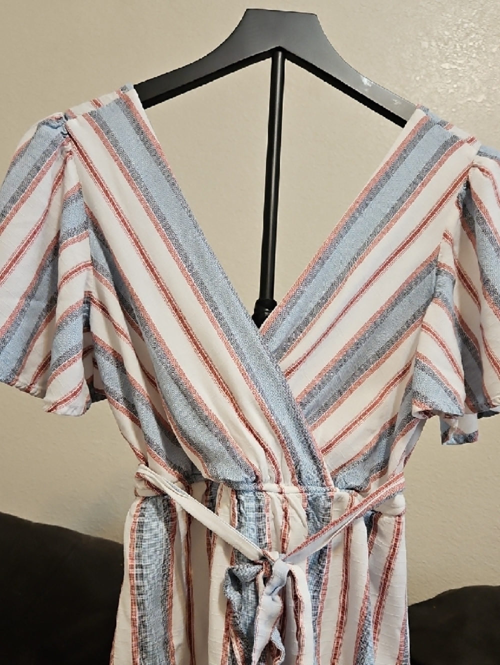 Trixxi Blue, Cream & Rust Striped Wrap Romper - Picture 2 of 6
